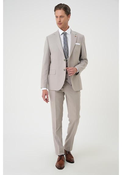 Efor Slim Fit Çift Yırtmaç Keten Karışımlı Yelekli Klasik Taş Takım Elbise Tk 914 Taş