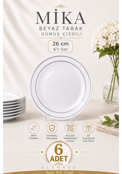 Mika Beyaz Tabak Gümüş Çizgili 26cm 6'lı