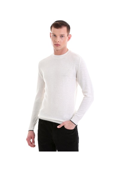 Hatemoğlu Ekru Regular Fit Düz Bisiklet Yaka Yünlü Casual Triko Kazak 3412 Ekru