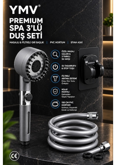 Ymv Premium Spa Siyah 3 Lü Filtreli Masajlı Duş Seti Fonksiyonlu Başlık Pvc Hortum Ve Askı
