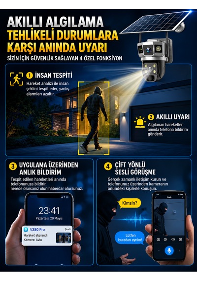 4g Sım Kartlı 6mp Solar Güvenlik Kamerası Çift Lens Ptz 360 Uzaktan İzleme Hareket Algılama Gece Görüşü Ip66 Dış Mekan Kamera