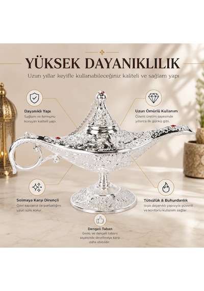 Lüks Alaaddin Sihirli Lamba 35 Cm Tütsülük Buhurdanlık Zamak İşlemeli Dekoratif Biblo Obje 01526515