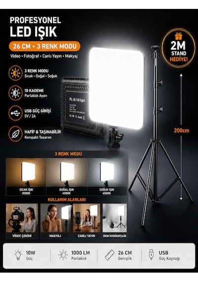 Profesyonel 26cm Led Işık 3 Renk Modlu 2 Metre Tripod Standlı Ayarlanabilir Masa Lambası Aydınlatma