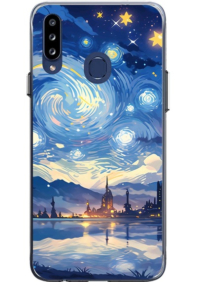 Samsung Galaxy A20s Uyumlu Yıldızlı Gökyüzü Ve Şehir Silüeti Baskılı Silikon Kılıf Renkli