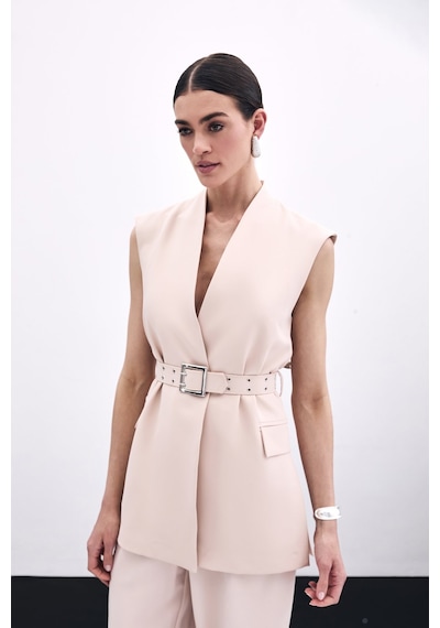 Sateen Kemerli Uzun Yelek - Bej-135805 Bej
