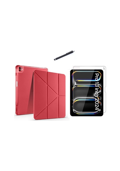 Apple Uyumlu iPad Pro 13 2024 M4 A2925-a2926 Tri Fold Kalemlikli Tablet Kılıfı Ekran Koruyucu Ve Kalem