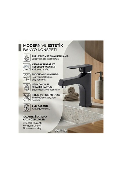 Rena Design Lavabo Bataryasi Mat Siyah Lüks Ağir Gövde Prinç Banyo Su Tasarruflu Aç Kapa 2 Yil Garantili Kare Sicak Soğuk