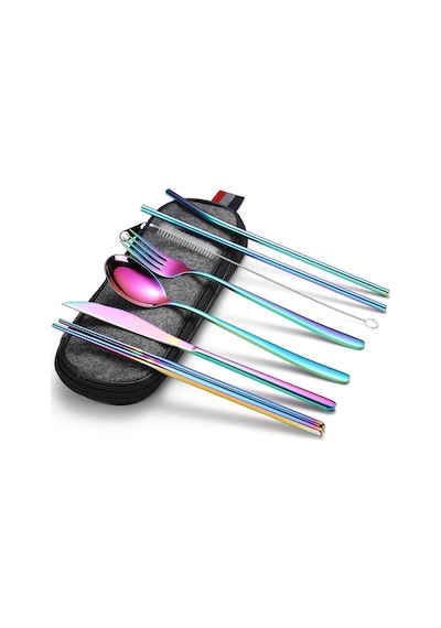 Valkyrie 8 Parça Çantalı Yolculuk Çatal Bıçak Kaşık Pipet Chopstick Seti Kamp Okul Ofis Tatil Paslanmaz Çelik Renkli Çok Renkli