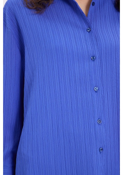 Tudors Kadın Oversize Geniş Kesim Bürümcük Pens Detaylı Uzun Kollu Dokulu Saks Mavi Gömlek-38812 Saks Mavi