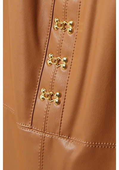 Elisabetta Franchi Deri Görünümlü, Korse Detaylı Fitted Pencil Midi Etek Kahverengi