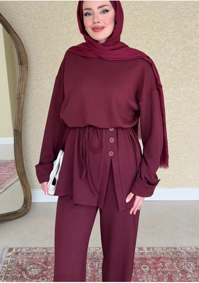 Kadın Salaş Eteği Düğmeli Bluz Pantolon Takım Bordo