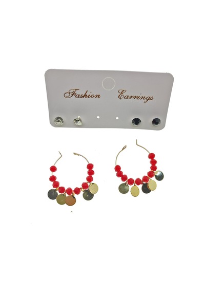 X-Lady Accessories Altın Renk Kırmızı Boncuk Yuvarlak Pullu Şık Sallantılı El İşi Küpe Çok Renkli