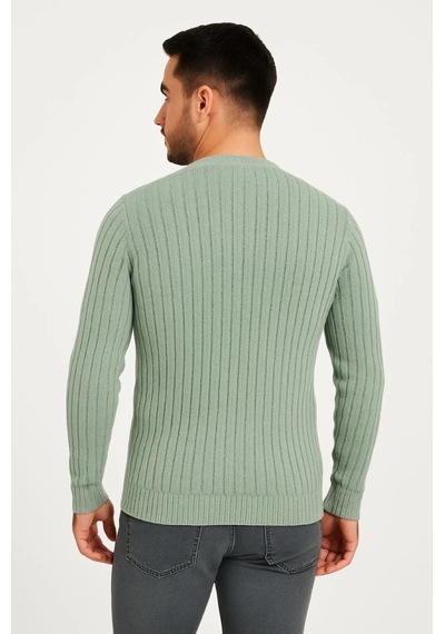 Erkek Bisiklet Yuvarlak Yaka Triko Kazak Pamuklu Kalın Fitilli Dokuma, Regular Fit Uzun Kollu Kışlık Model - Mint Yeşili
