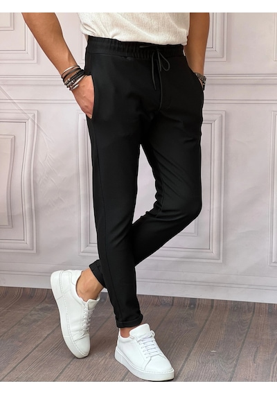 Modefendi Skinny Kalıp Pamuk Likra Double Paça Jogger Pantolon Siyah