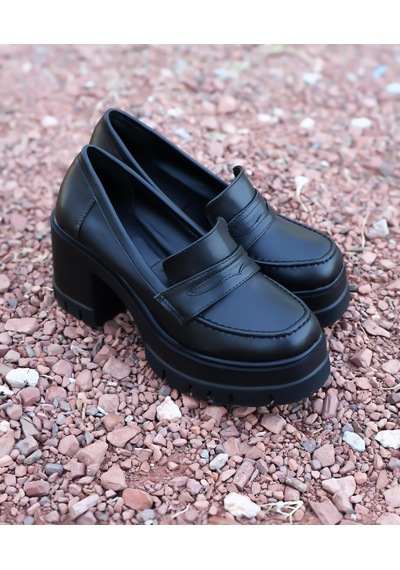 Asmi Shoes Kadın Tokasız 8 Cm Loafer Model Topuklu Ayakkabı Siyah Cilt Siyah
