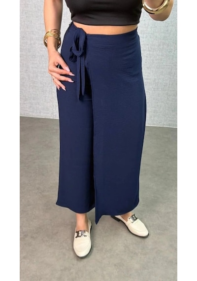 DefyModa Kadın Beli Lastikli Bağcık Detay Aerobin Kumaş Etek Pantolon Lacivert
