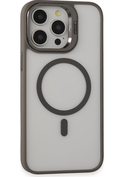 Apple Uyumlu iPhone 15 Pro Kılıf Ve Lens Magsafe Standlı Kamera Camlı Kapak Gri