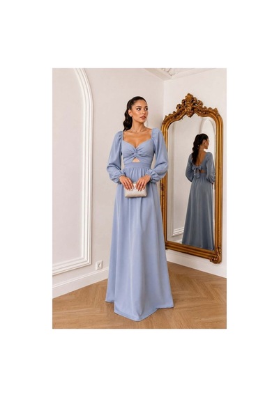 Store V Yaka Elbise Kollu Uzun Abiye Maxi Gri - 935908684 Gri