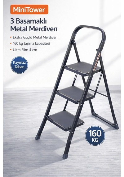 Minitower 3 Basamaklı Metal Merdiven - Ekstra Güçlü Siyah 3basamaklı