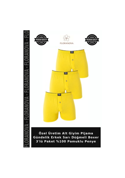Floranova Özel Üretim Alt Giyim Pijama Gündelik Erkek Sarı Düğmeli Boxer 3'lü Paket %100 Pamuklu Penye