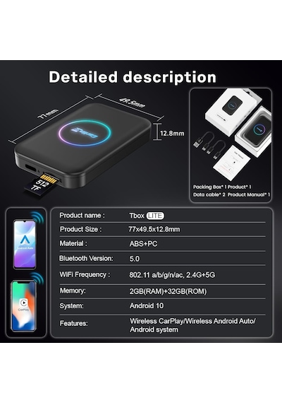 Carlinkit Tbox Lite Kablosuz Ai Kutusu, Ram 2g+rom 32g, Carplay Ve Android Oto, Destek Kablosuz Carplay Ve Kablosuz Andr 10"