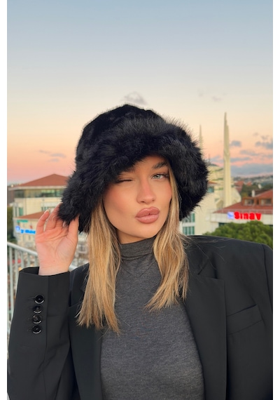 Mollycrush Suni Kürklü Peluş Bucket Kalpak Şapka Luxury Kadın Siyah Rus Slav Tarzı Siyah