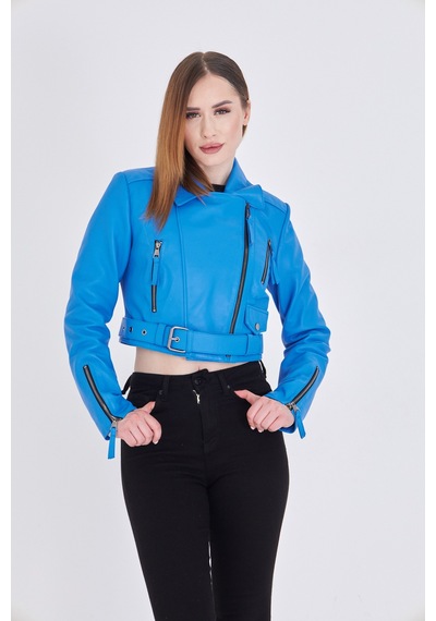 M M Marki Marki Kadın Mavi Hakiki Deri Crop Ceket Biker Stil, Kruvaze Yaka, Kemerli, 52 Cm - 117622