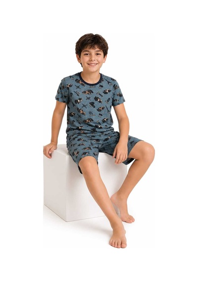 Tenra Erkek Çocuk Pamuklu Şortlu Pijama Takımı 3-12 Yaş Turkuaz