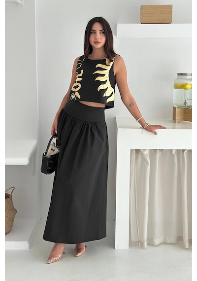 Asprin Fashion Varak Baskılı Crop&etek Takım Papertouch Kumaş Siyah
