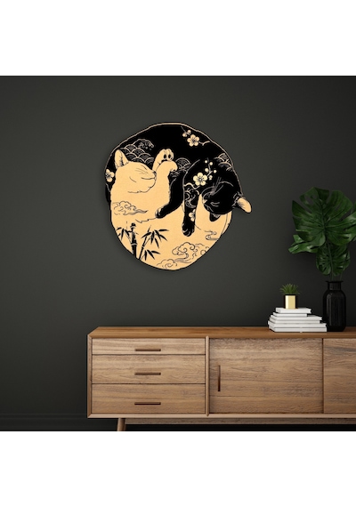 Yin Yang Kediler Japon - Metal Tablo - Dec0166 60 X 60 Cm Çok Renkli