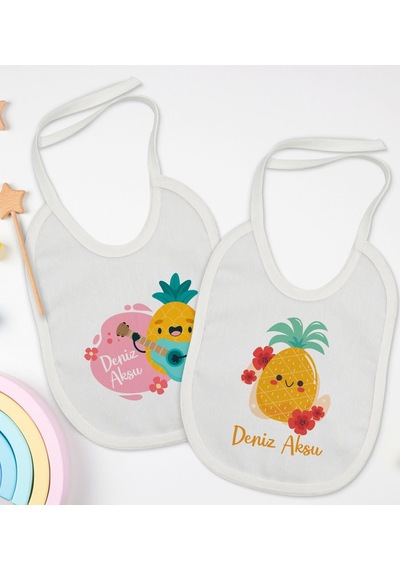 BK Kids Kişiye Özel Sevimli Ananas Tasarımlı 2’li Beyaz Mama Önlü Beyaz