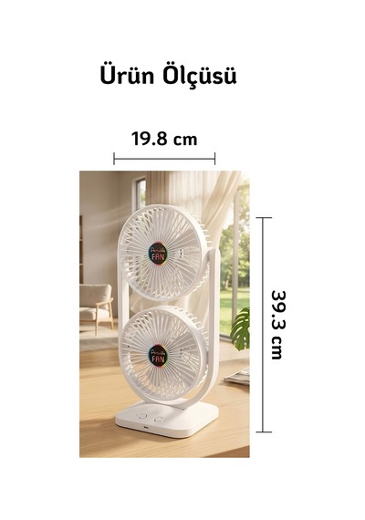 Masaütü Fan Çift Katlı Şarjlı Vantilatör Sessiz Çalışma Oynar Baş Type-c Hızlışarj 3 Kademe Soğutucu