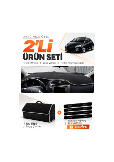 Fıat Bravo 2007-2014 Uyumlu Torpido Örtüsü + Tay Tüyü Bagaj Çantası + Sticker Seti - Siyah Gri