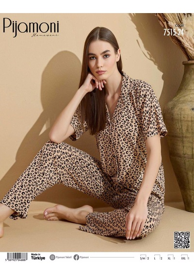 Pijamoni Kadın Kısa Kol Boydan Düğmeli Pijama Takımı - 7515-24 001