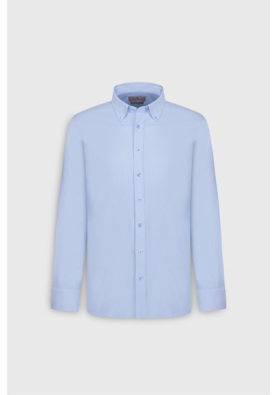Erkek Mavı %100 Pamuk Slim Fit Dar Kesim Düğmeli Yaka Oxford Gömlek Mavi