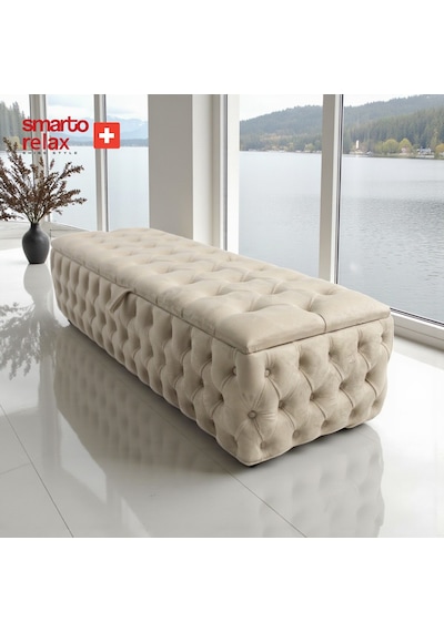 Smarto Relax Swiss Style Saas-fee Sandıklı Baby Face Puf, Kapitoneli Sandıklı, 100x45x45 Cm, Babyface Kaplama Dekoratif Puf Bej