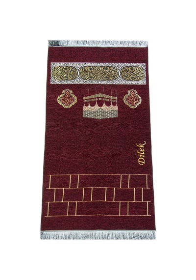 Kabe Motifli Şönil Nakış İşlemeli İsimli Seccade - Bordo Bordo