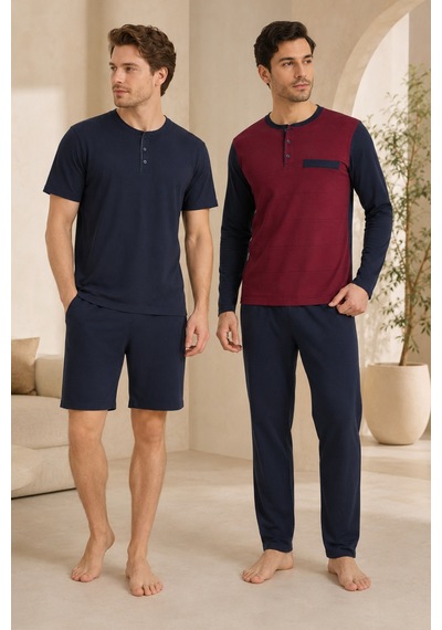 Loule Erkek Bordo Jakarlı Penye Yazlık Kışlık Pijama Seti 4 Parça
