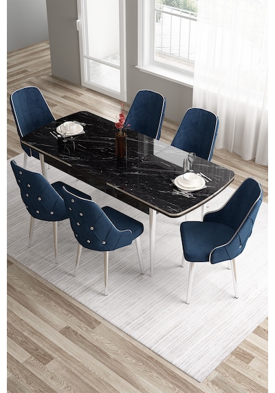 Canisa Tia Serisi 80x132 Açılabilir Mdf Siyah Mermer Krom Detay Masa Takımı Ve 6 Lacivert Sandalye Masa Siyah Mermer Desen Sandalye Lacivert Canisa Tia Serisi 80x132 Açılabilir Mdf Siyah Mermer Krom Detay Masa Takımı Ve 6 Lacivert Sandalye Masa Siyah Mermer Desen Sandalye Lacivert