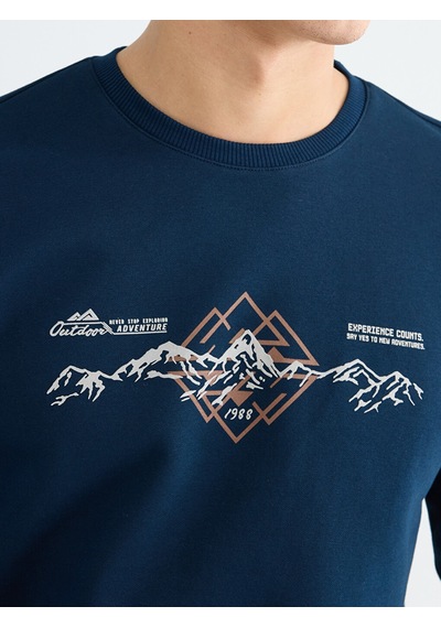 Lcwaıkıkı Classic Lacivert Bisiklet Yaka Baskılı Erkek Kalın Sweatshirt