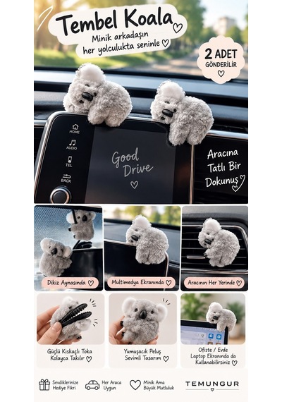 Tembel Koala Araç İçi Süs Kıskaçlı 2'li Set Dikiz Aynası & Multimedya Ekran Süsü