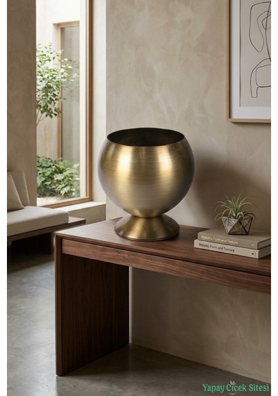 Yapay Çiçek Sitesi Metal Dekoratif Küre Saksı 15 Cm Bronz