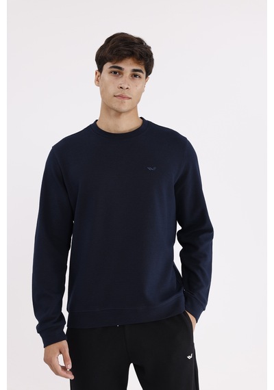 Rowinger Yatay Dokulu Ottoman Yüzey Tonal Logo Detaylı Bisiklet Yaka Standart Kalıp Sweatshirt Navyblue