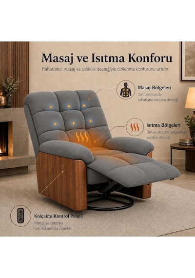Smarto Relax Porto Tv Koltuğu Elektrikli Masajlı Isıtmalı Döner Sallanan Ahşap Yan Panelli Polyester Kumaş Baba Koltuğu Gri