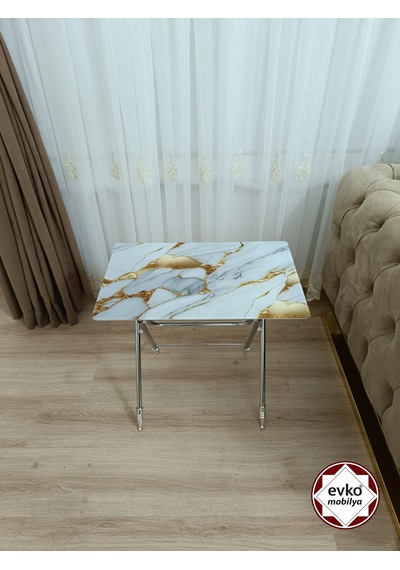 Evko Mobilya Çanta Zigon Sehpa, 4'lü Sehpa, Zigon Sehpa, Servis Sehpası, Camlı Sehpa, Katlanır Sehpa Sarı Mermer Beyaz - Sarı