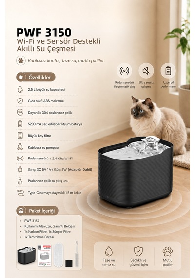 Pwf 3150 Petmate Flowsense Pro - Wi-fi Ve Sensörlü Akıllı Otomatik Kedi Köpek Su Çeşmesi 2,5 L Paslanmaz Çelik - Bpa İçermez - Siyah