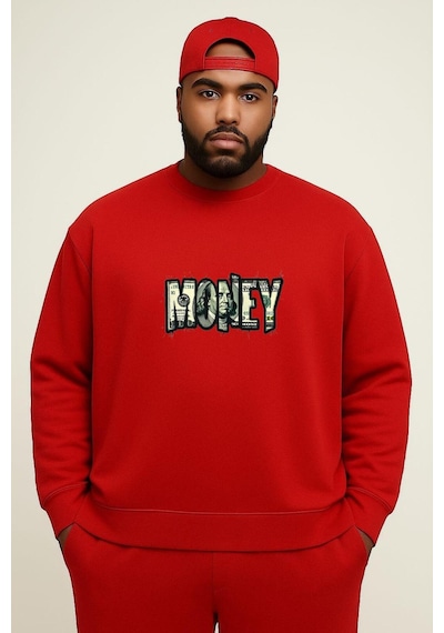 Benroma 3 İplik Penye Money Baskılı Büyük Beden Unisex Sweatshırt Kırmızı