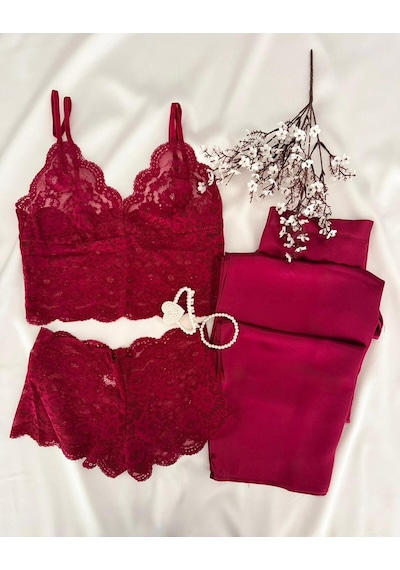 Mh Moony Homewears 3'lü Velvet Bordo Dantel Üst Saten Alt Pijama Takımı Bordo