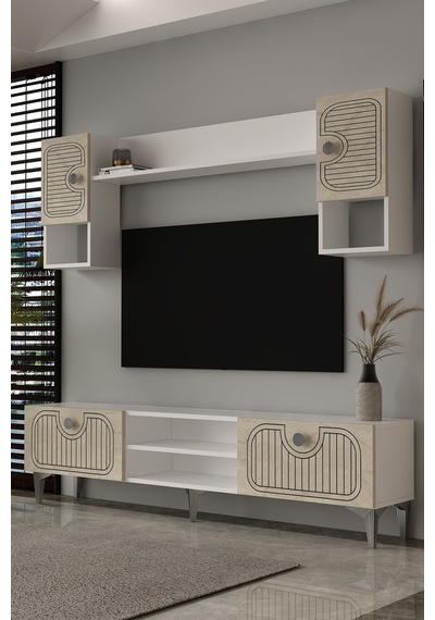 180dhdtür3btg Hera Lazer Desenli Tv Ünitesi Beyaz-traverten-gümüş