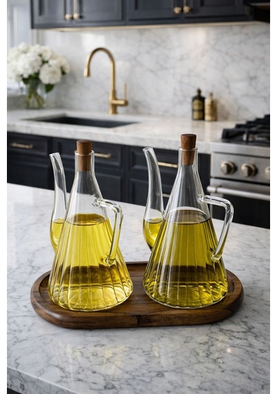 Qerhome Akasya Stantlı Borosilikat Cam Akasya Kapak Glazzy Yağlık Seti 750 Ml + 750 Ml Çizgili Tasarım Şeffaf